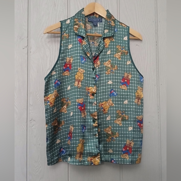 Tops - Green Vest Vintage Teddy Bear Wearing Cardigan Print Plaid Button Down Size M
